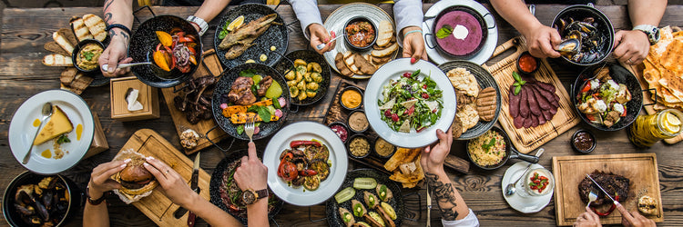 Picture of family meal from a bird's eye view.