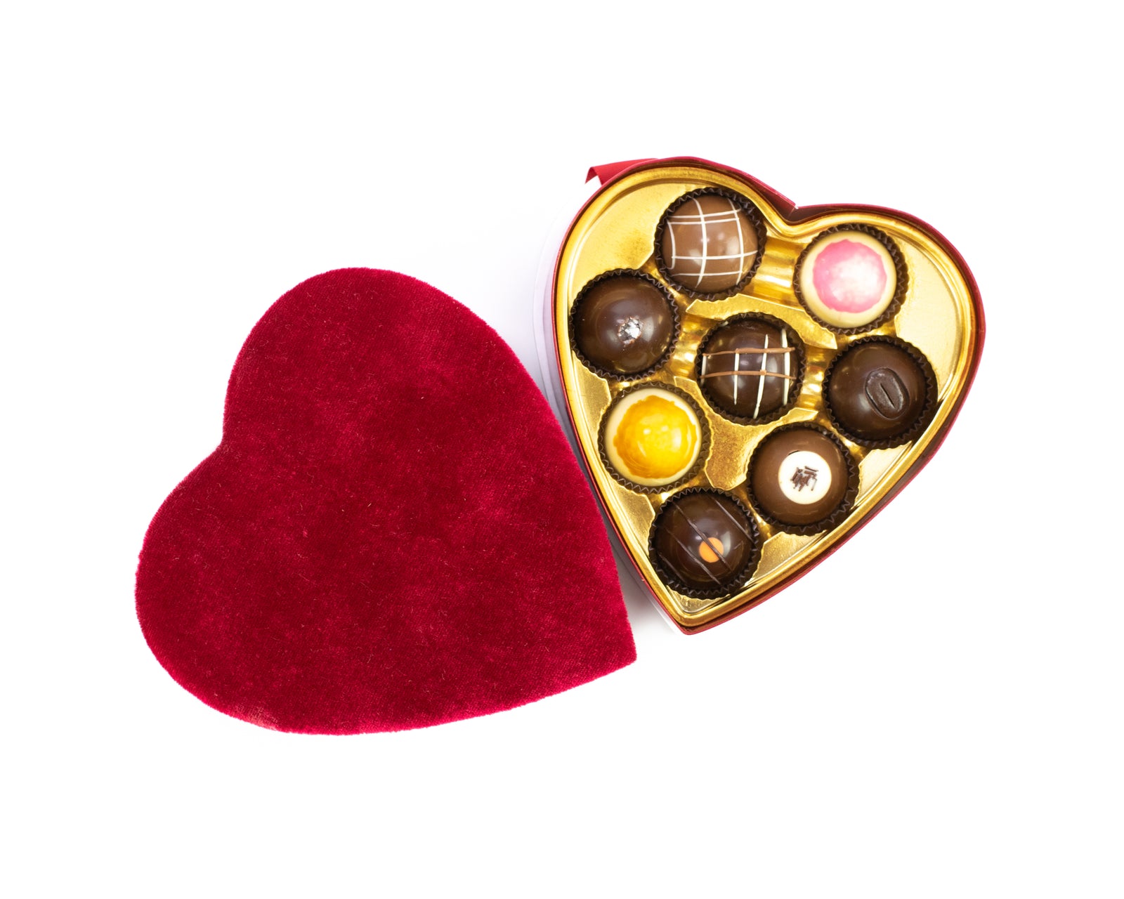 Ticket Chocolate - Valentine's 8-Piece Petite Truffles: Flavors Vary - red velvet heart lid, red heart base, red ribbon