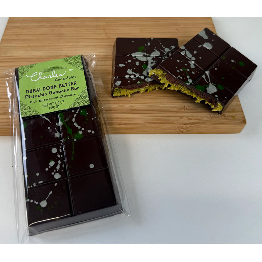Charles Chocolates - Dubai Done Better - Pistachio Bittersweet Chocolate Ganache Bar