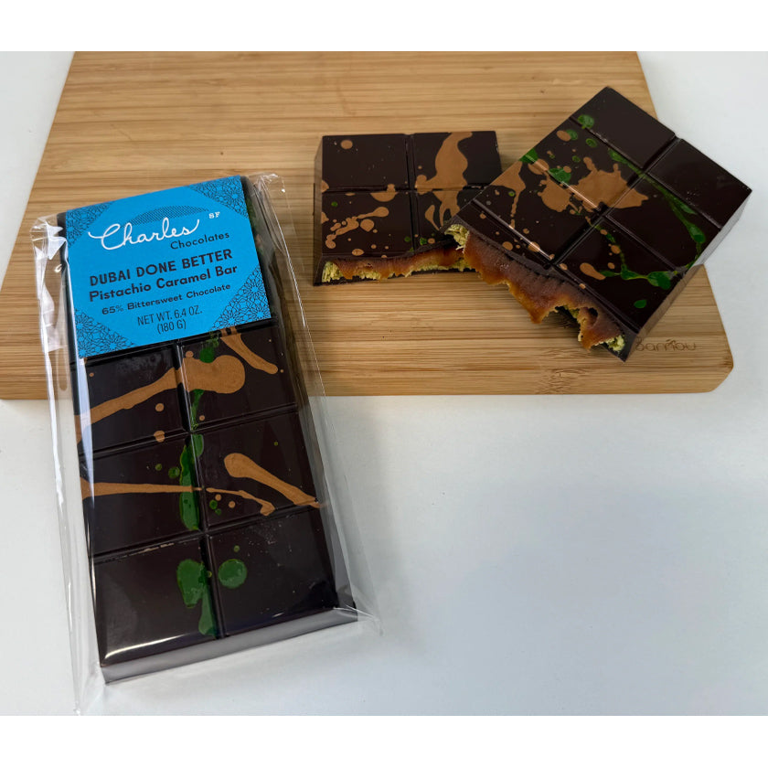 Charles Chocolates - Dubai Done Better - Pistachio Milk Chocolate Caramel Bar