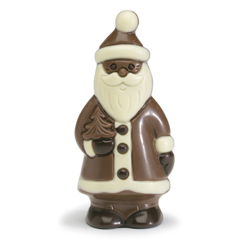 Nirvana Chocolates - Santa w/ Christmas Tree - milk chocolate hollow figurine w/ accents in cello bag w/ ribbon (5" Tall) - 2.12 oz