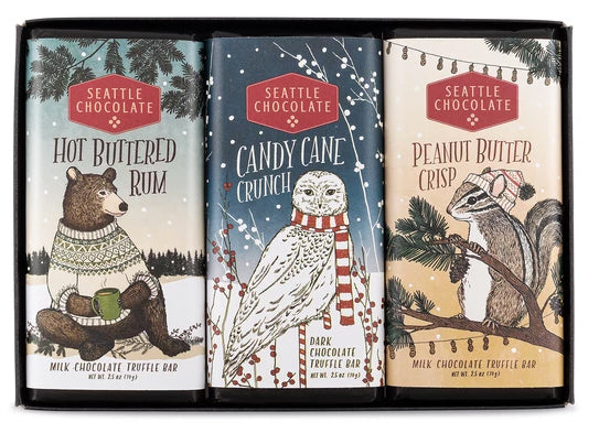 Seattle Chocolate holiday truffle bars in a gift box