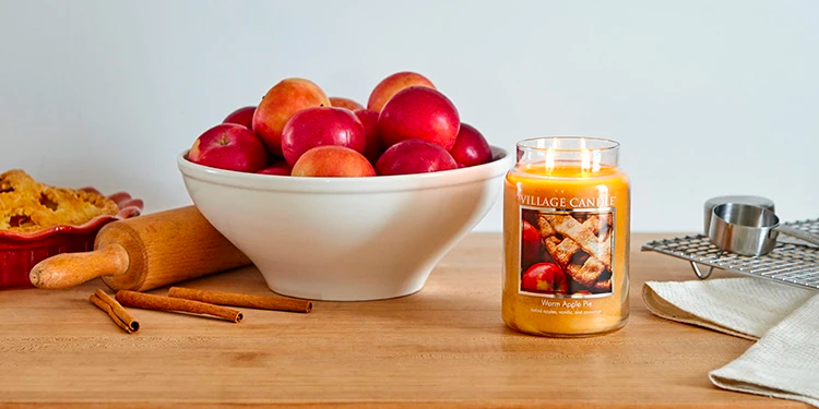 Apple Cinnamon scent candle pictured on a tabletop