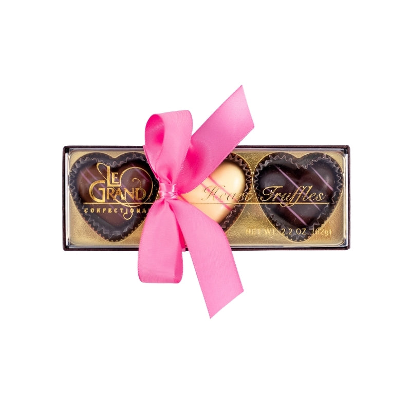 Ticket Chocolate - Valentine's 3-Piece Heart Shape Truffles: Dark, Milk, White - clear lid, brown base, pink ribbon