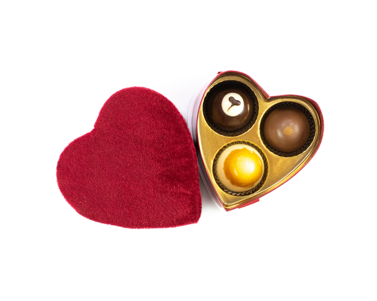 Ticket Chocolate - Valentine's 3-Piece Petite Truffles: Flavors Vary - red velvet heart lid, red heart base, red ribbon