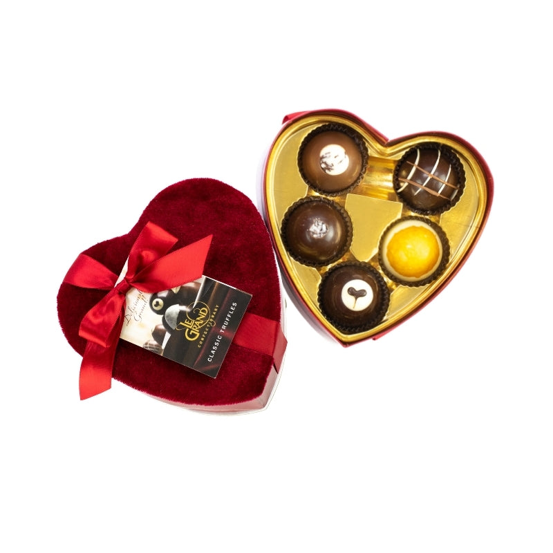 Ticket Chocolate - Valentine's 5-Piece Petite Truffles: Flavors Vary - red velvet heart lid, red heart base, red ribbon