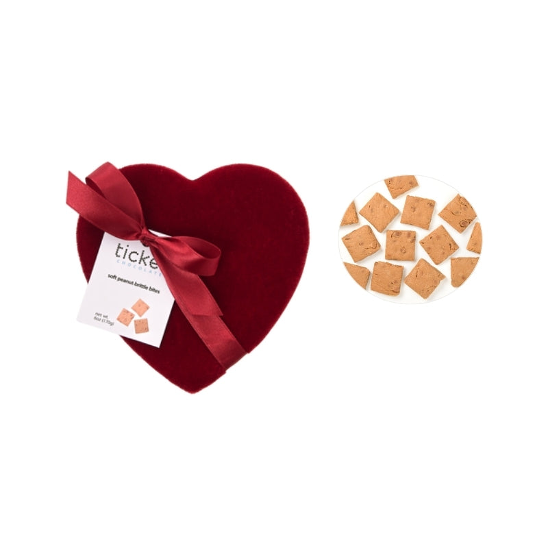 Ticket Chocolate - Valentine's Original Brittle: 1x1-inch Squares - red velvet heart lid, red heart base, red ribbon - 6oz