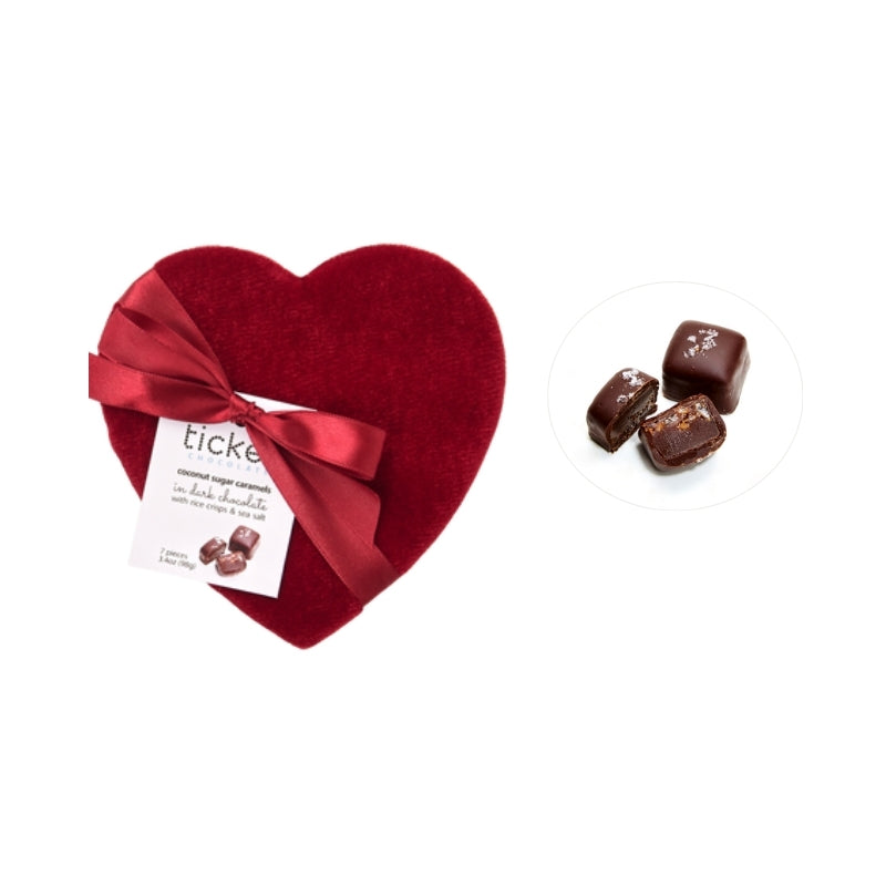 Ticket Chocolate - Valentine's 7-Piece Salted Chocolate-Covered Crunchy Caramels - red velvet heart lid, red heart base, red ribbon