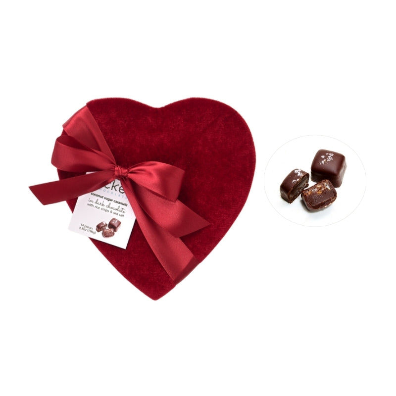 Ticket Chocolate - Valentine's 14-Piece Salted Chocolate-Covered Crunchy Caramels - red velvet heart lid, red heart base, red ribbon