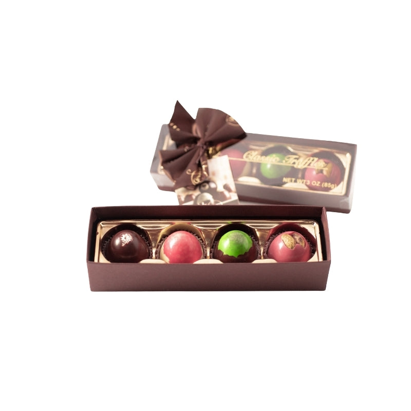 Ticket Chocolate - Spring Petite Truffles - 4-Piece: Coconut, Key Lime, Strawberry Cheesecake, Ruby Pistachio - clear lid, brown base, brown ribbon