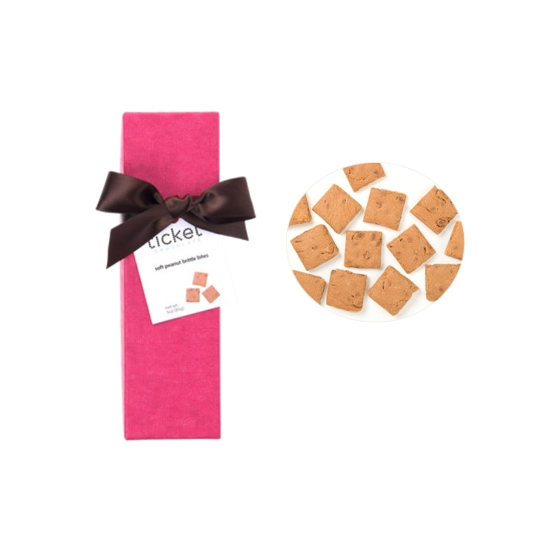 Ticket Chocolate - Spring Original Brittle: 1x1-inch Squares - pink lid, brown base, brown ribbon