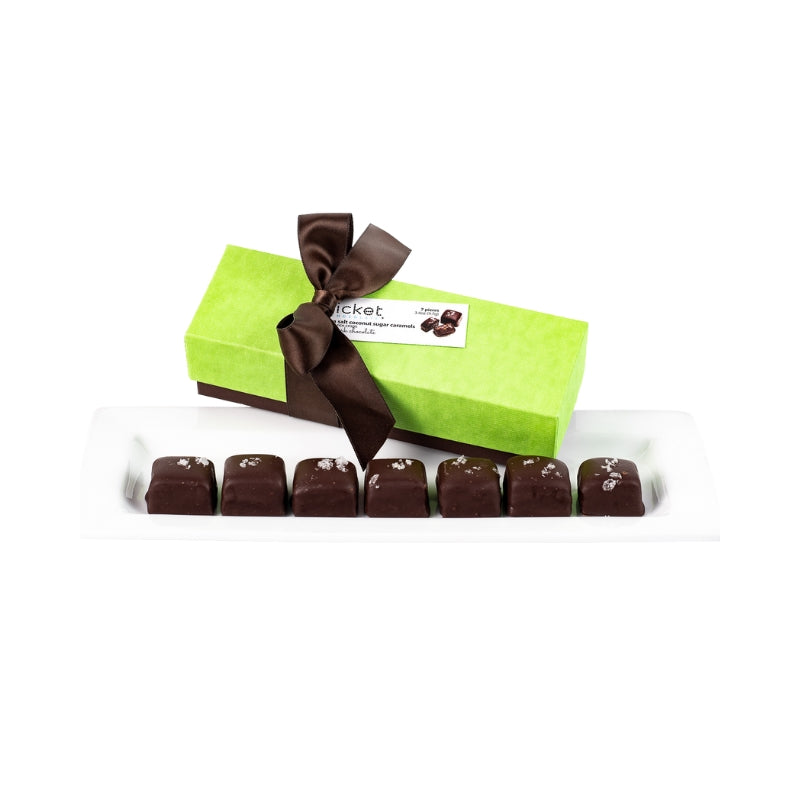 Ticket Chocolate - Spring Caramel Gift Box: 7-Piece Salted Chocolate-Covered Crunchy Caramels - green lid, brown base, brown ribbon