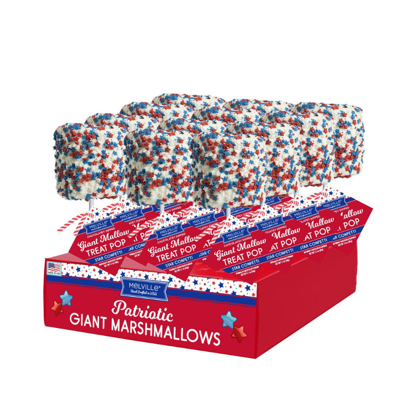 Melville - Giant Marshmallow Pops - White Chocolatey Coating with Patriotic Confetti - Display