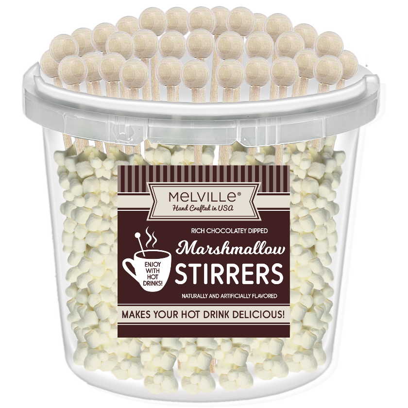 Melville - Drink Stirrers - Mini Marshmallow Stirrers - White Chocolatey-Dipped - Bucket