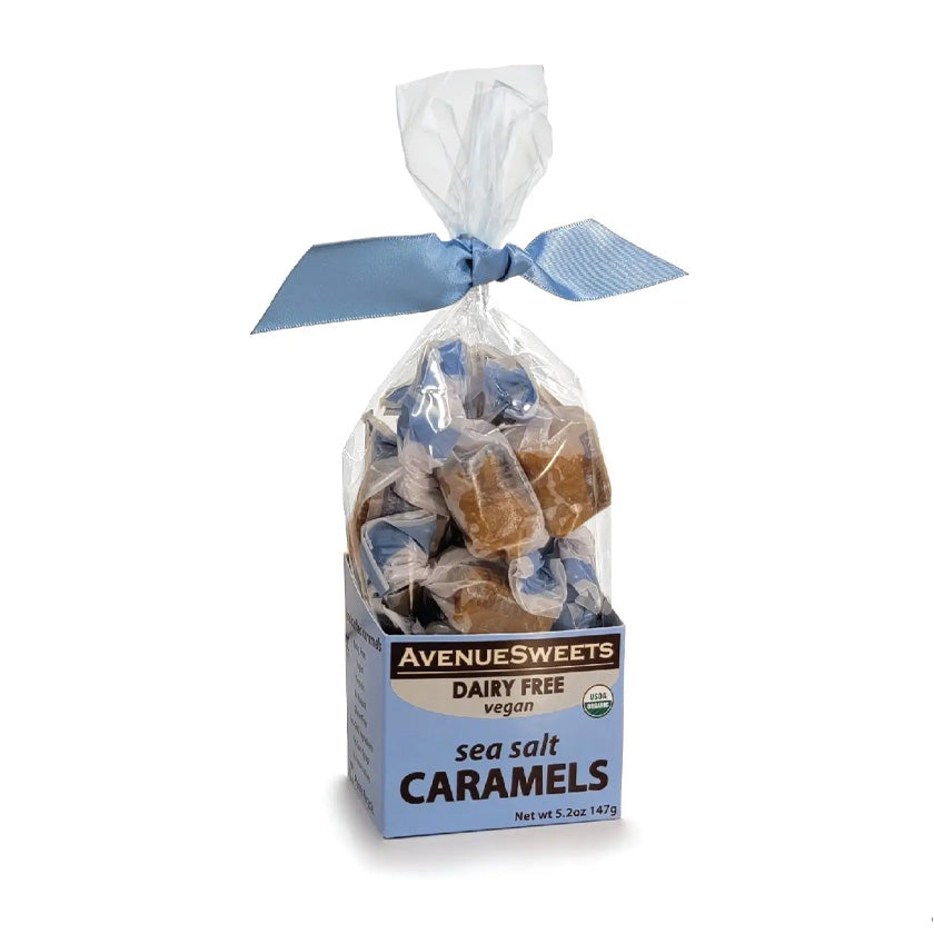 Avenue Sweets - Dairy Free Vegan -  Sea Salt Caramels - 5.2oz - stand up boxes with ribbon