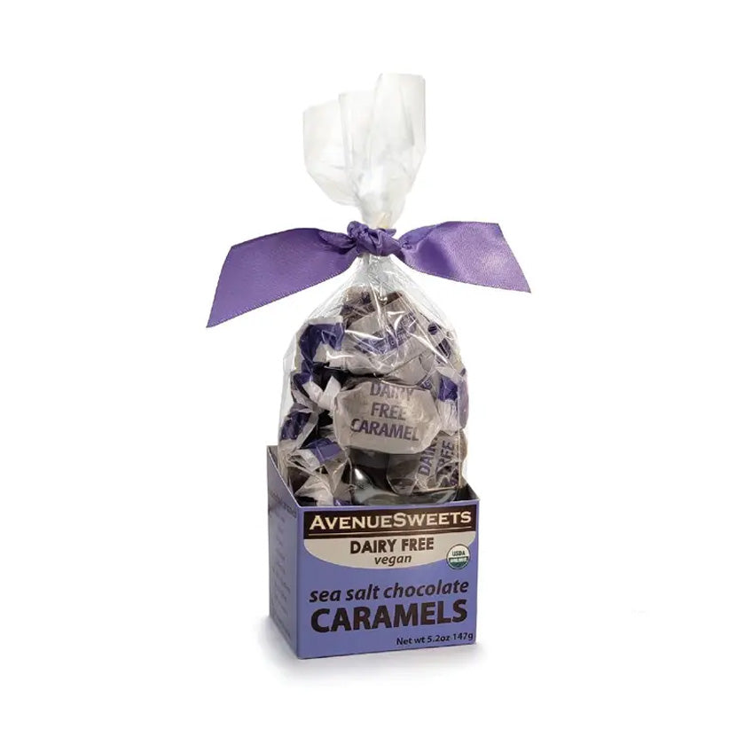 Avenue Sweets - Dairy Free Vegan -  Sea Salt Chocolate Caramels - 5.2oz - stand up boxes with ribbon