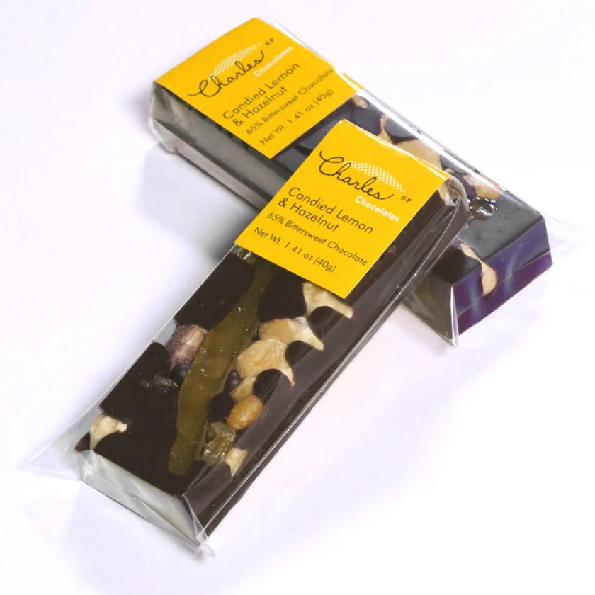 Charles Chocolates - Mendiant Bar - Candied Lemon & Hazelnut (Bittersweet Chocolate) 1.41 oz