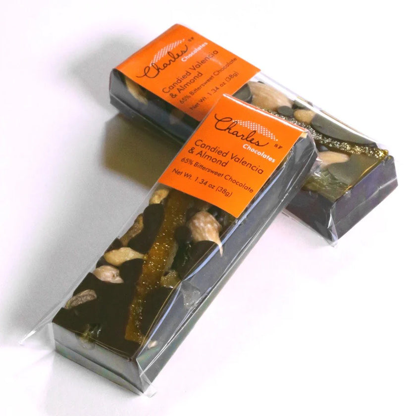 Charles Chocolates - Mendiant Bar - Candied Valencia &amp; Almond (Bittersweet Chocolate) 1.41 oz