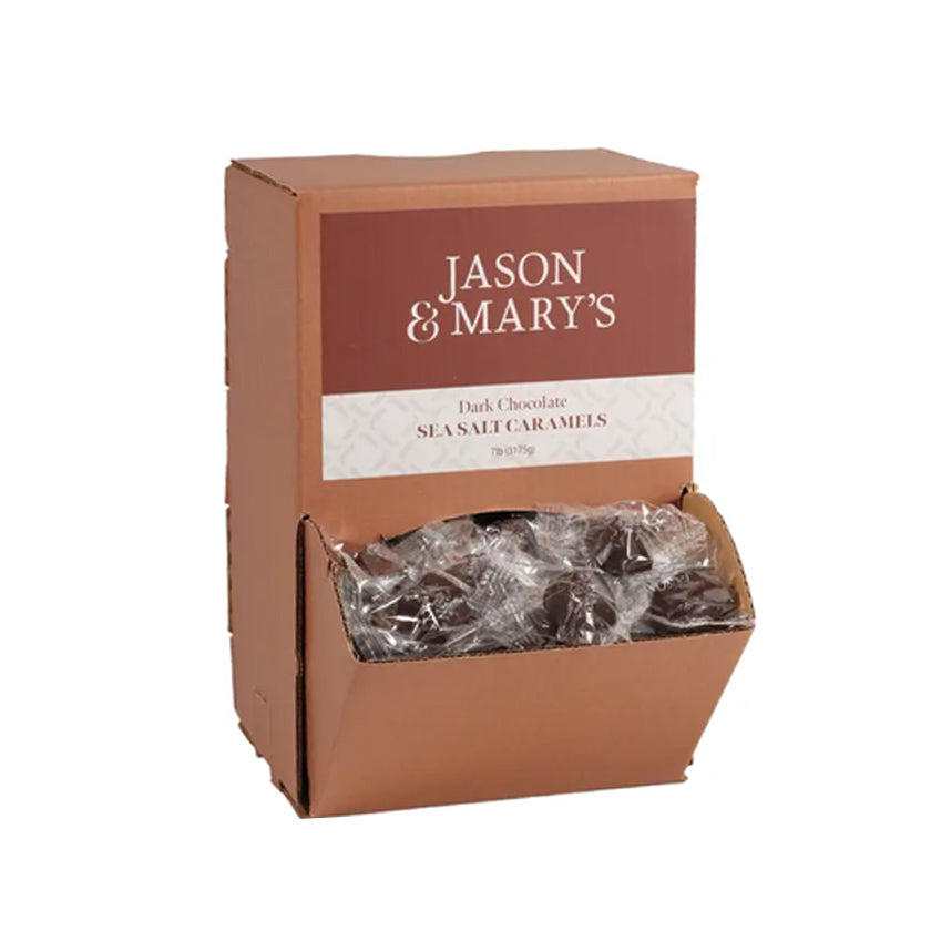 Jason & Mary's - GRAVITY FEED BOX - Dark chocolate sea salt caramels, bite size cello wrap - 7lbs