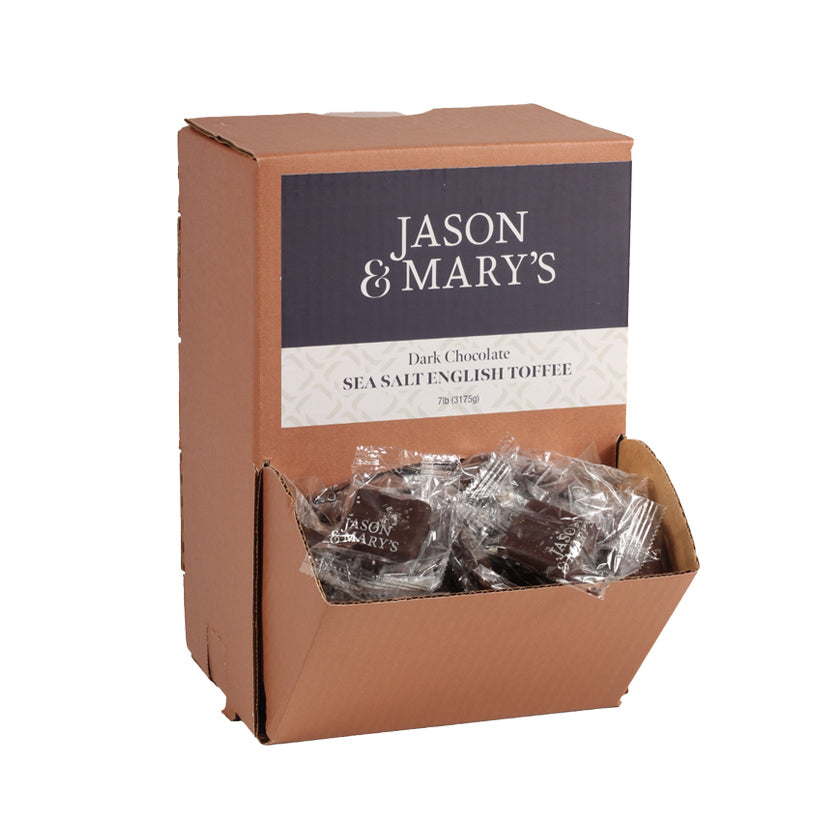 Jason & Mary's - GRAVITY FEED BOX - Dark sea salt english toffee, bite size cello wrap - 7lbs