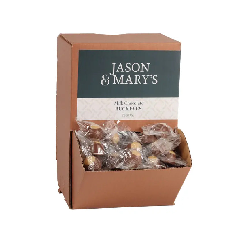 Jason & Mary's - GRAVITY FEED BOX - Milk Chocolate peanut butter buckeyes, bite size cello wrap - 7lbs