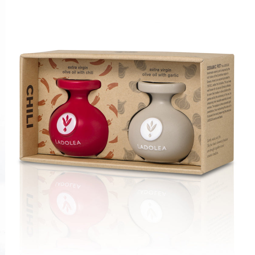 Ladolea - Olive Oil with Chili & Olive Oil with Garlic - 2 Bottle Gift Box - 2x80 ml