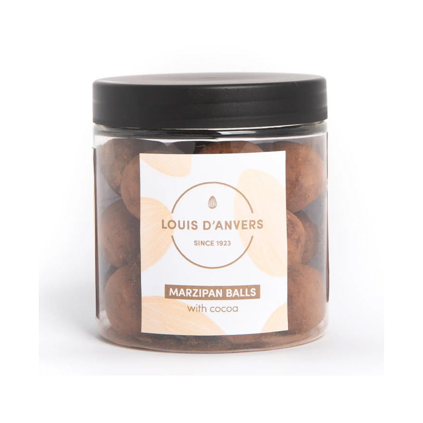 Louis D'Anvers - Cocoa dusted marzipan balls (50% Almonds) in jar 5.6oz