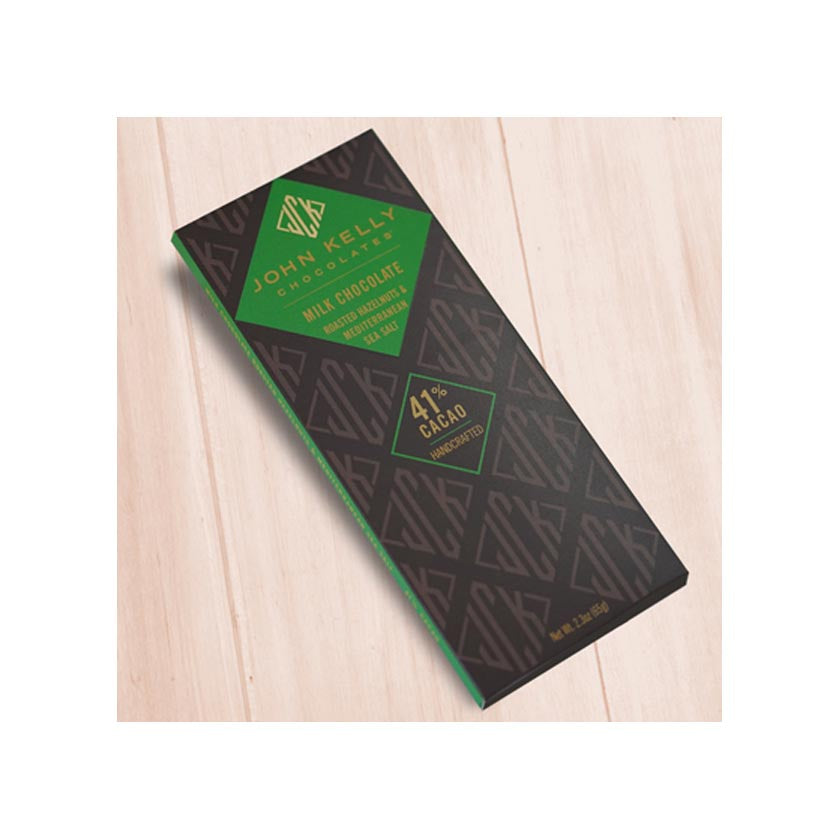 John Kelly Chocolates - Solid Bars - Milk Chocolate with Roasted Hazelnuts & Mediterranean Sea Salt