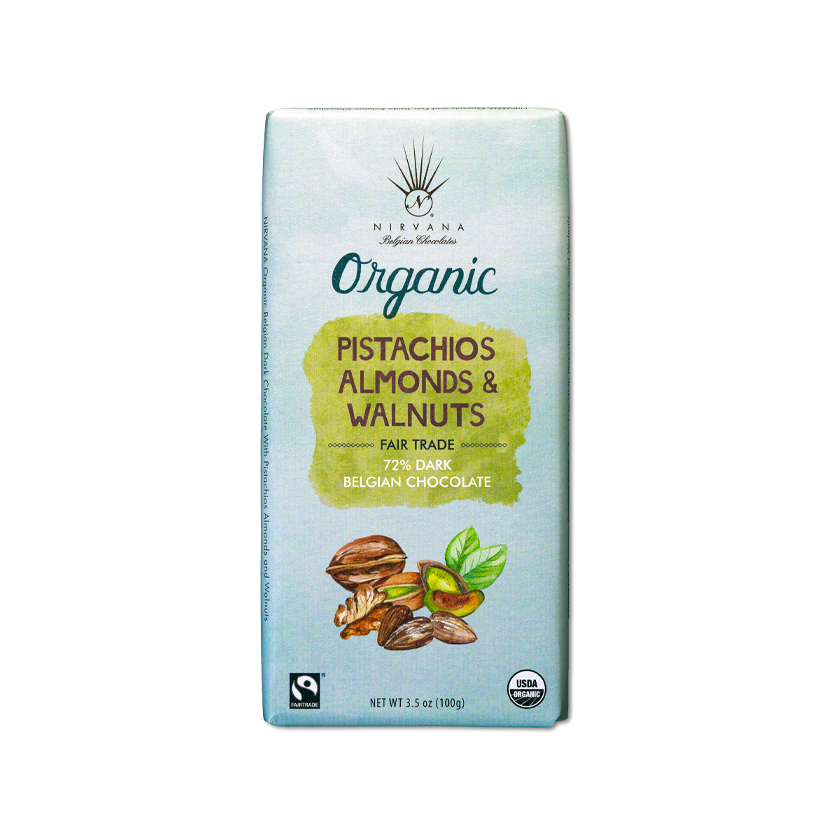 Nirvana Chocolates Fair Trade Bars - Pistachios, Almonds &amp; Walnuts