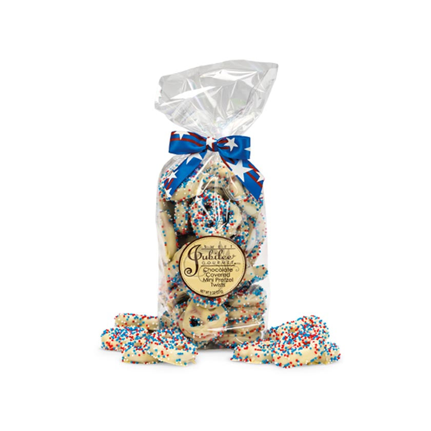 Sweet Jubilee - White Chocolate-Covered Mini Pretzels with Patriotic Nonpareils